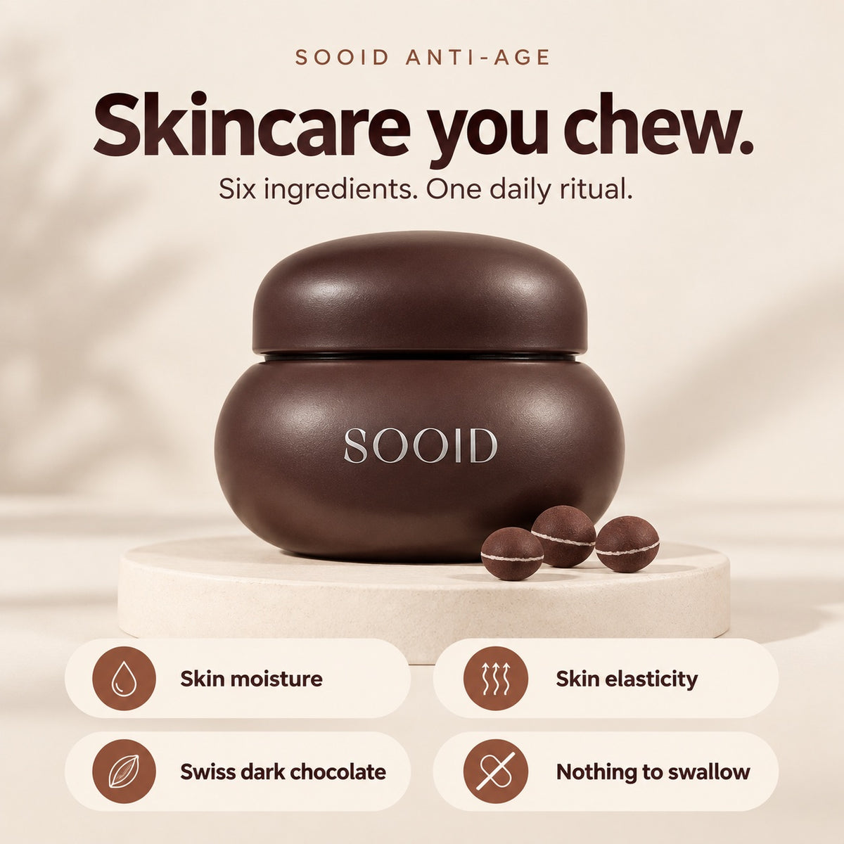 SOOID Anti-Age: Skincare you chew. Skin moisture, elasticity, Swiss dark chocolate and nothing to swallow.